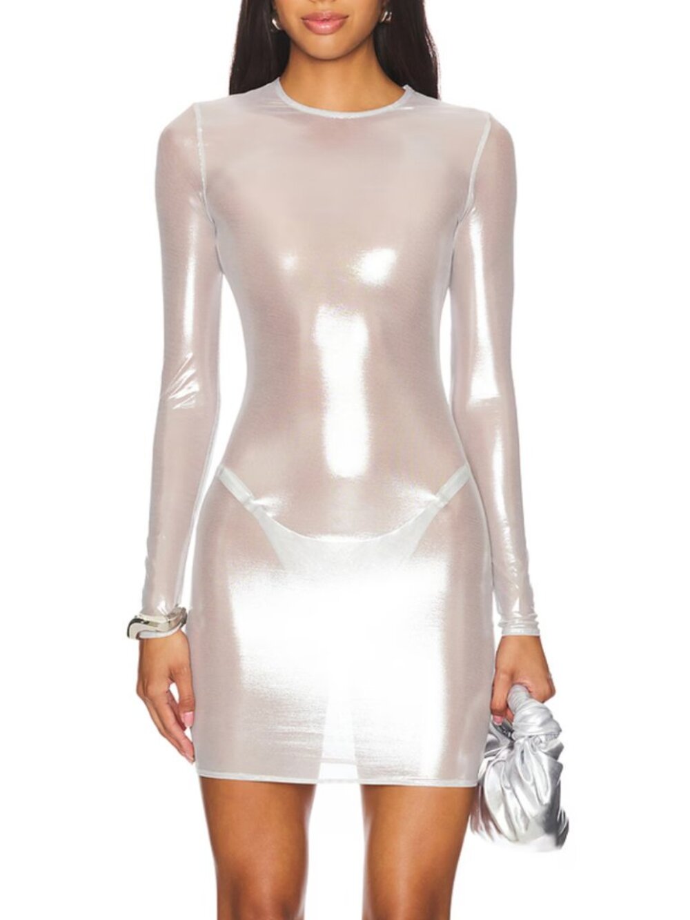 SUBSURFACE x Revolve Long Sleeve Liquid Mini Dress Silver Sheer Metallic XS Flaw